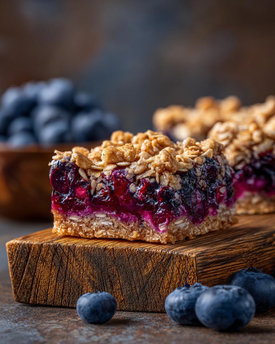 Close-up of two Blueberry Crumble Bars with a thick blueberry filling and oat topping on a wooden board.