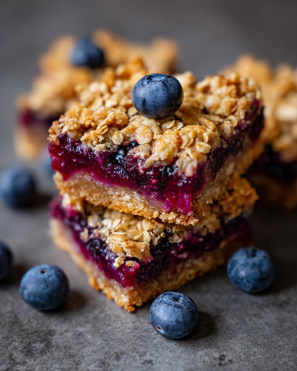 A close-up shot of stacked Blueberry Crumble Bars, topped with a fresh blueberry.