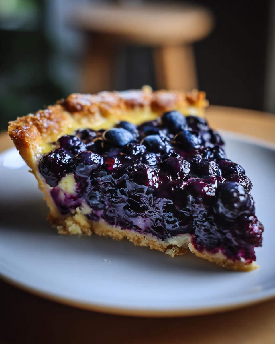 A close-up of a slice of Blueberry Lemon Curd Tart, showcasing a flaky crust, creamy lemon curd, and a generous topping of fresh blueberries.