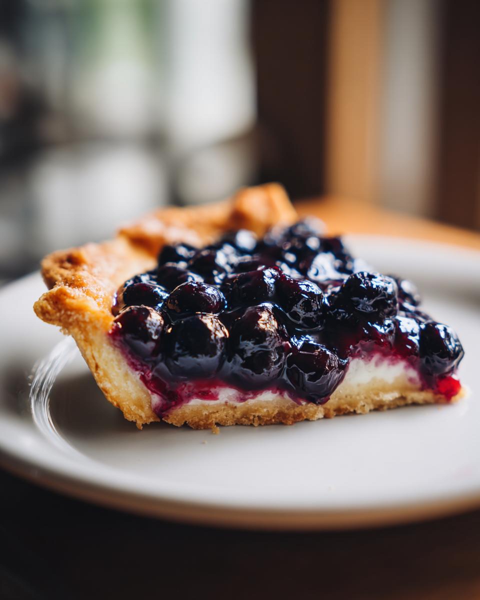 A delicious slice of Blueberry Lemon Curd Tart on a white plate, showcasing a flaky crust, creamy filling, and fresh blueberries.