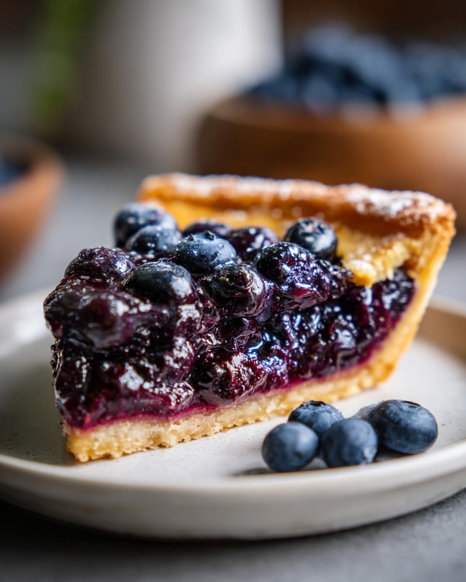 A close-up of a slice of Blueberry Lemon Curd Tart, topped with fresh blueberries and a dusting of powdered sugar.