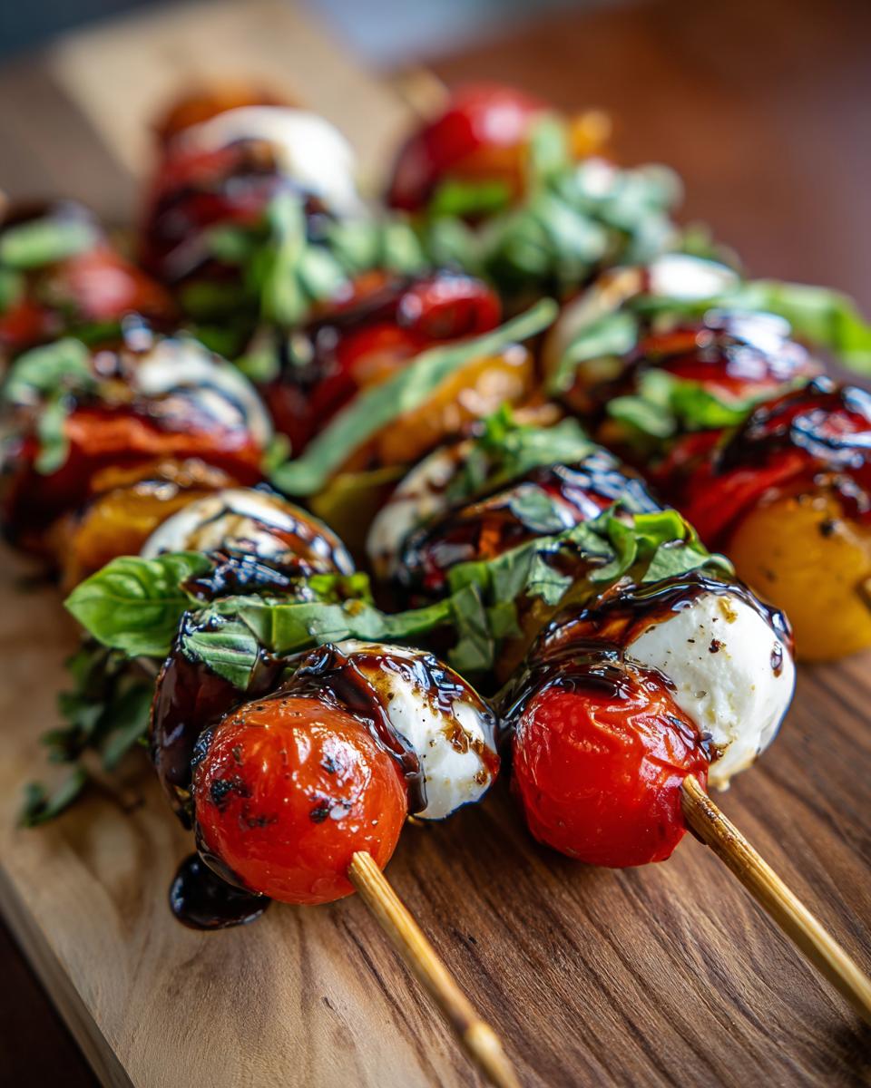 Close-up of Caprese Skewers with Balsamic Glaze, featuring cherry tomatoes, mozzarella balls, and basil leaves.