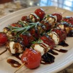Close-up of Caprese skewers with cherry tomatoes, fresh mozzarella balls, and balsamic glaze, garnished with rosemary.