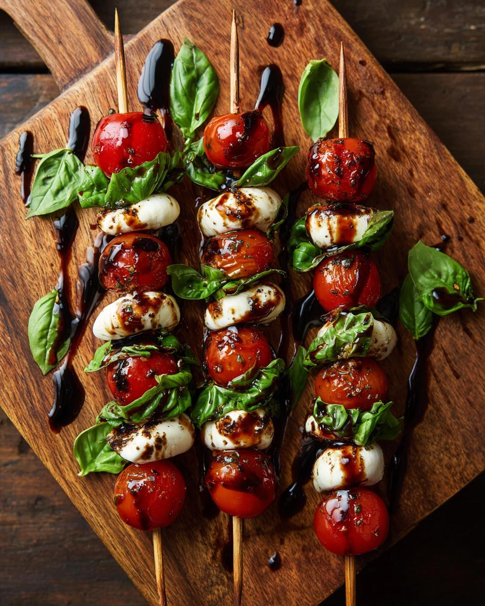 Close-up of Caprese Skewers with Balsamic Glaze, featuring cherry tomatoes, mozzarella balls, and basil leaves.
