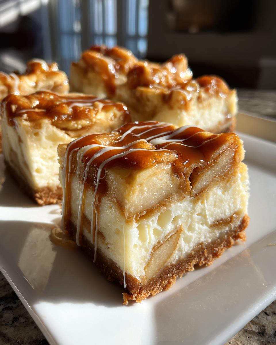 Close-up of a slice of Caramel Apple Cheesecake Bars, drizzled with caramel sauce and white icing.