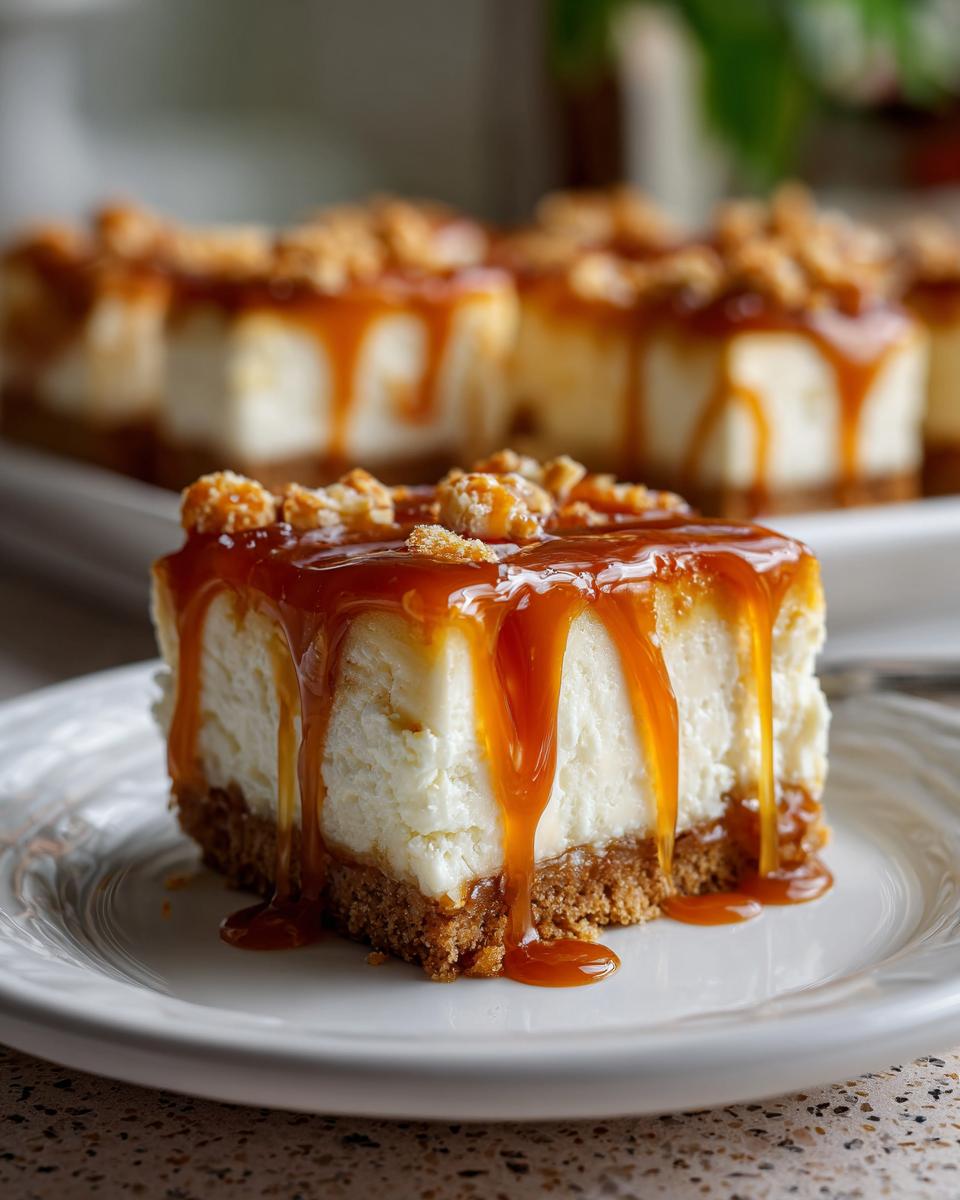 A close-up of a Caramel Apple Cheesecake Bar slice, drizzled with caramel sauce and topped with crumble.