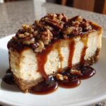 A slice of rich Caramel Pecan Cheesecake drizzled with caramel sauce and topped with chopped pecans.