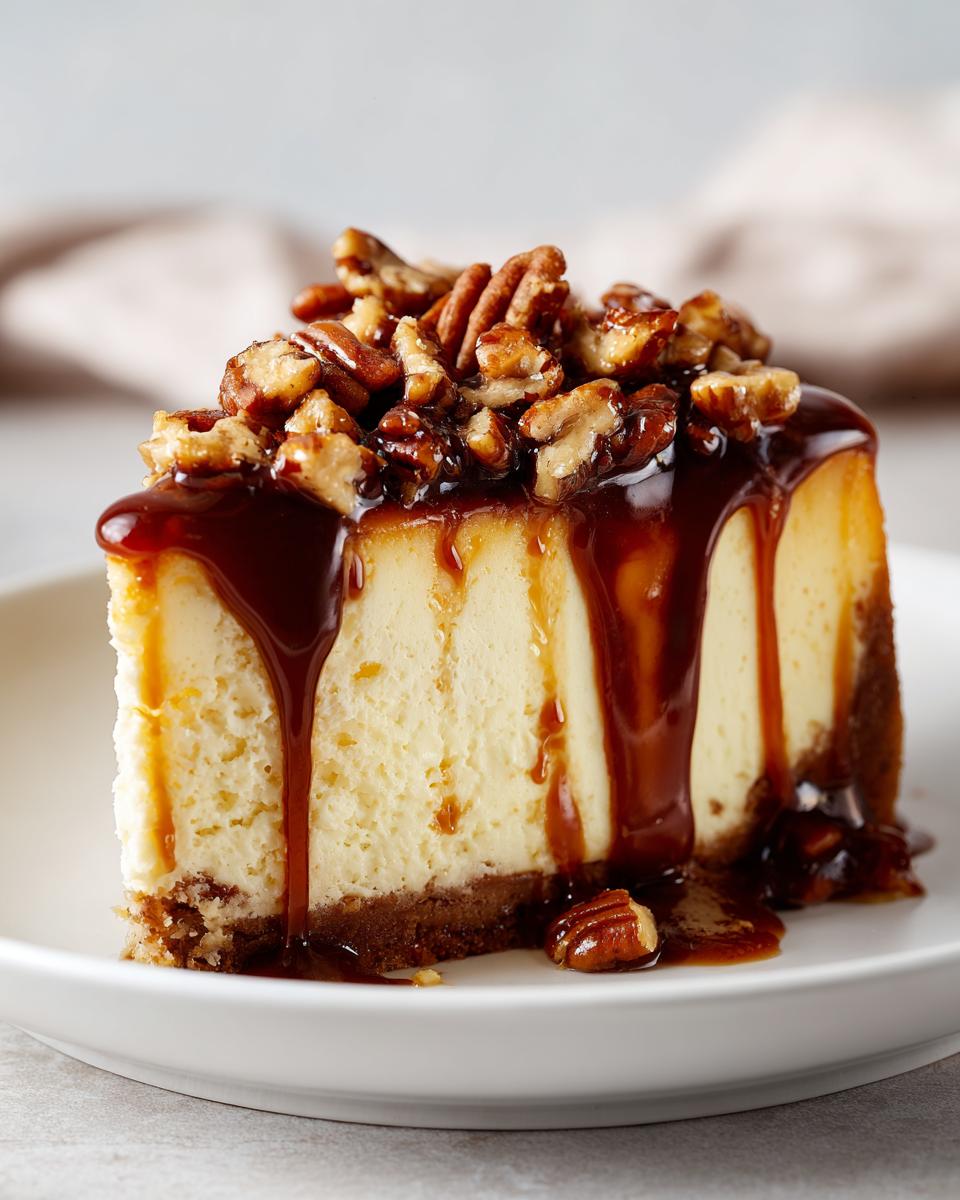 A decadent slice of Caramel Pecan Cheesecake generously drizzled with caramel sauce and topped with toasted pecans.