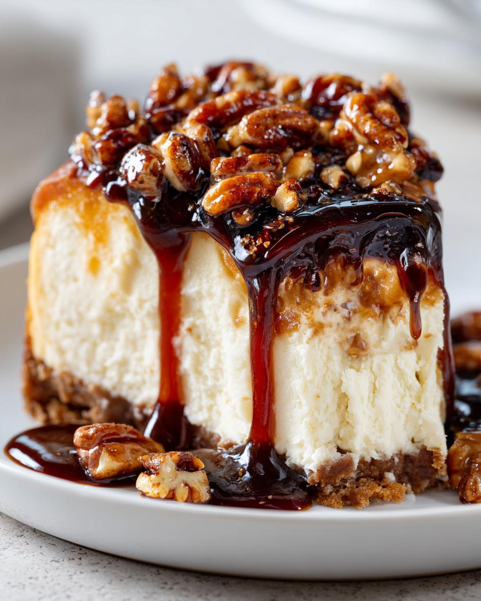 A close-up of a slice of Caramel Pecan Cheesecake, generously topped with caramel sauce and toasted pecans.