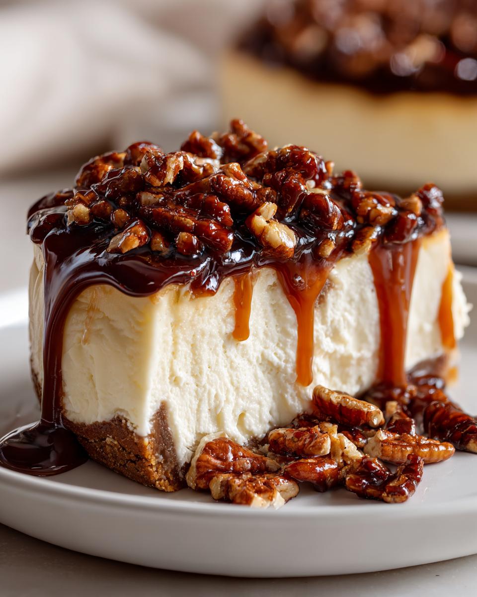 A rich slice of Caramel Pecan Cheesecake topped with chocolate drizzle and candied pecans.