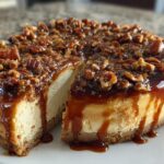 A slice of rich Caramel Pecan Cheesecake, generously topped with pecans and drizzled with caramel sauce.