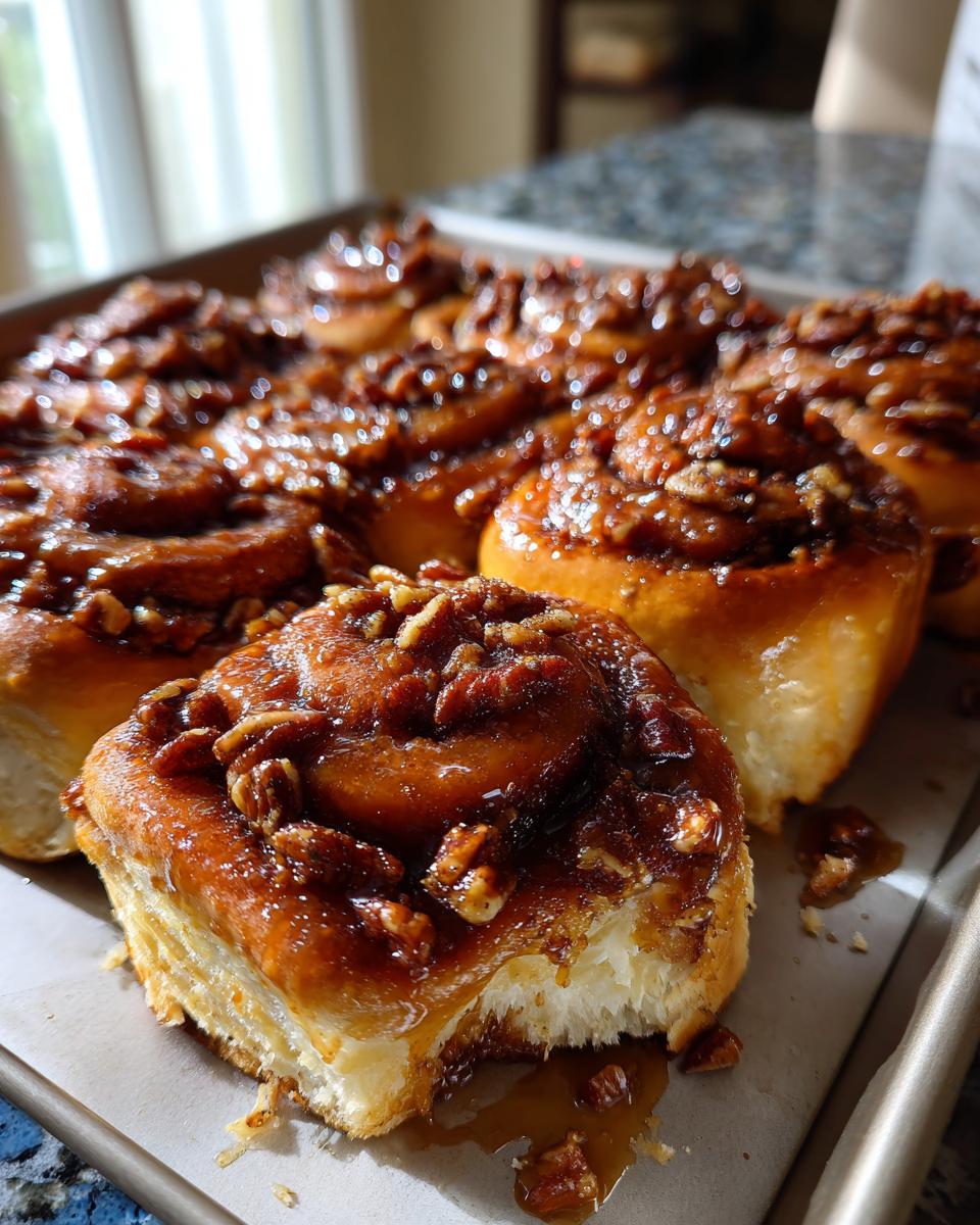Close-up of delicious Caramel Pecan Sticky Buns, glistening with caramel and topped with chopped pecans.