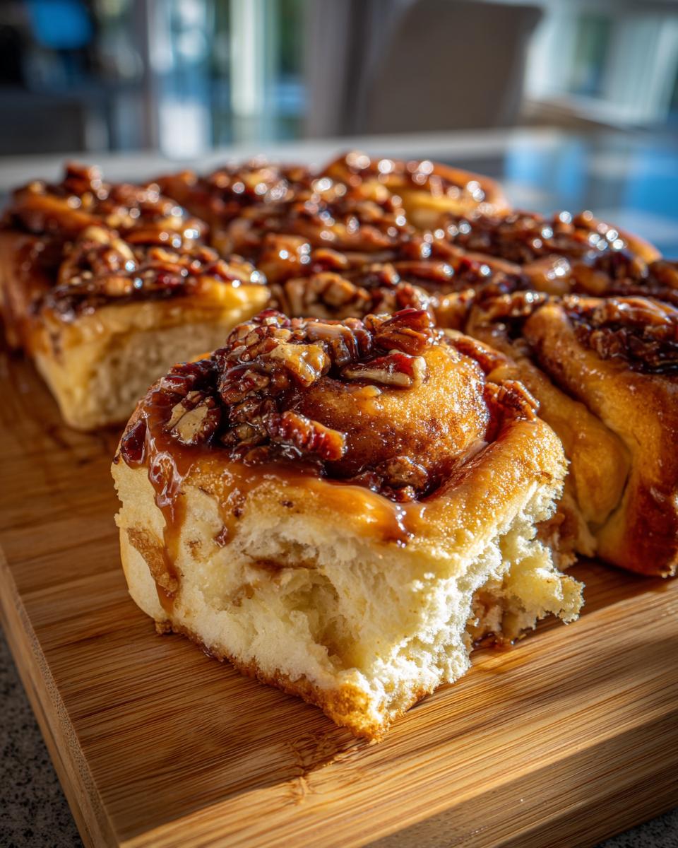 Close-up of a delicious Caramel Pecan Sticky Bun with gooey caramel and chopped pecans.