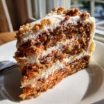 A moist slice of Carrot Walnut Layer Cake with cream cheese frosting and chopped walnuts on top.