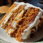 A close-up of a slice of moist Carrot Walnut Layer Cake with creamy frosting and visible walnuts.