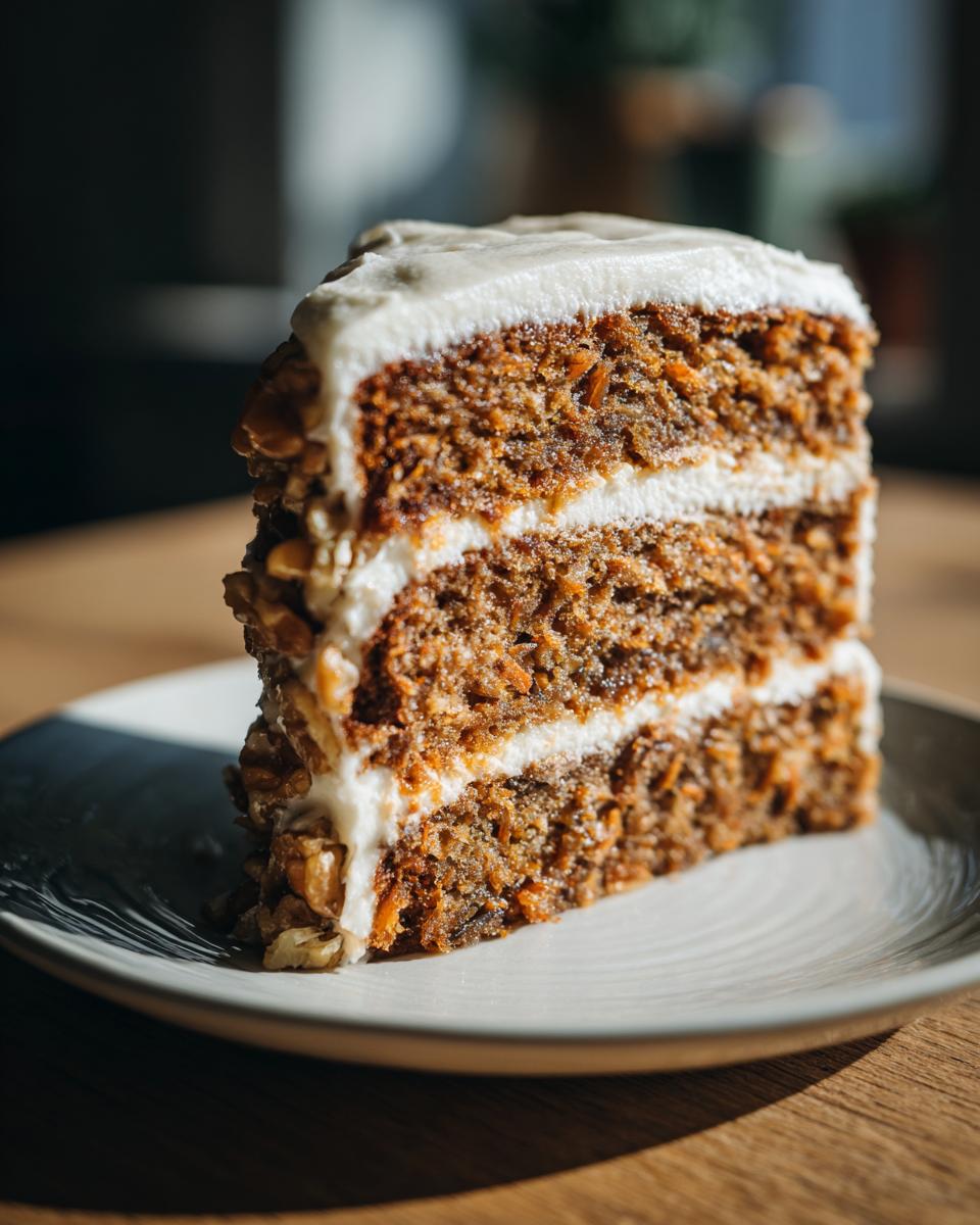 A delicious slice of Carrot Walnut Layer Cake, featuring three moist cake layers with cream cheese frosting and visible walnuts.