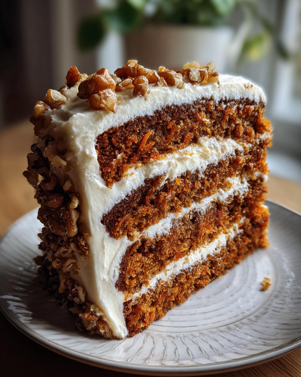 A generous slice of moist Carrot Walnut Layer Cake, featuring layers of spiced cake and cream cheese frosting, topped with chopped walnuts.