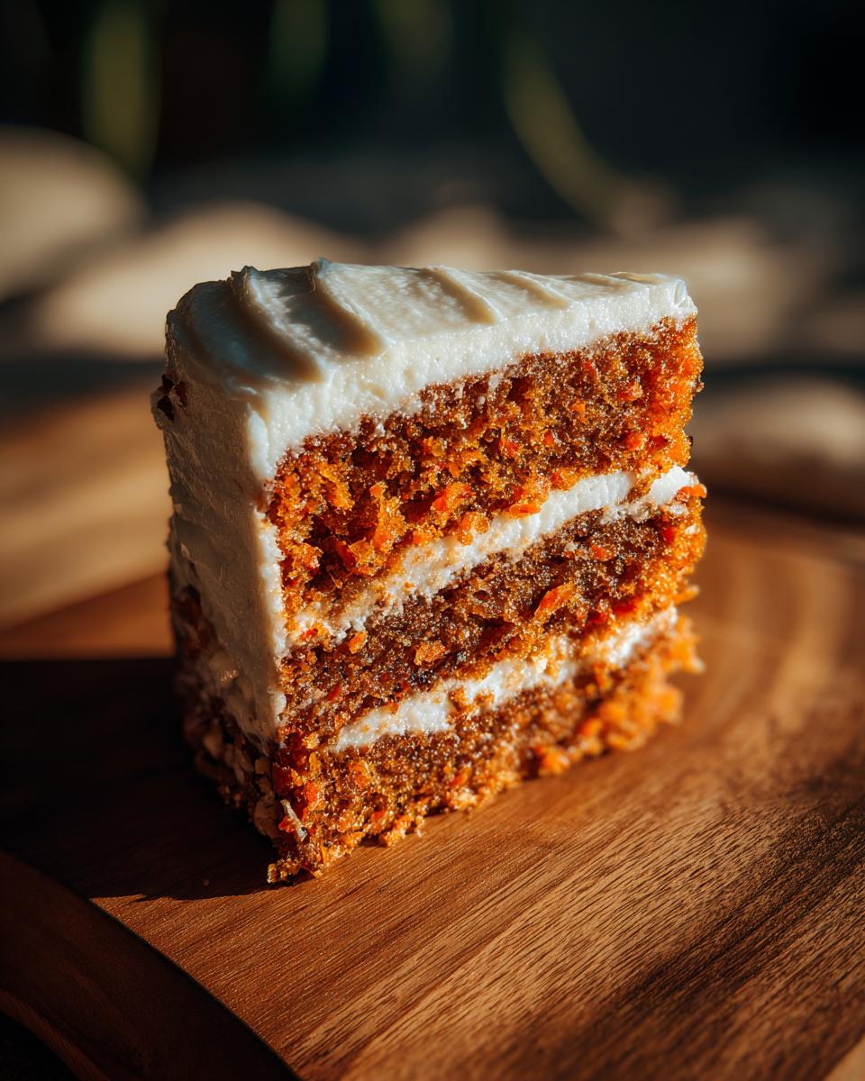 A close-up of a moist slice of Carrot Walnut Layer Cake with cream cheese frosting.