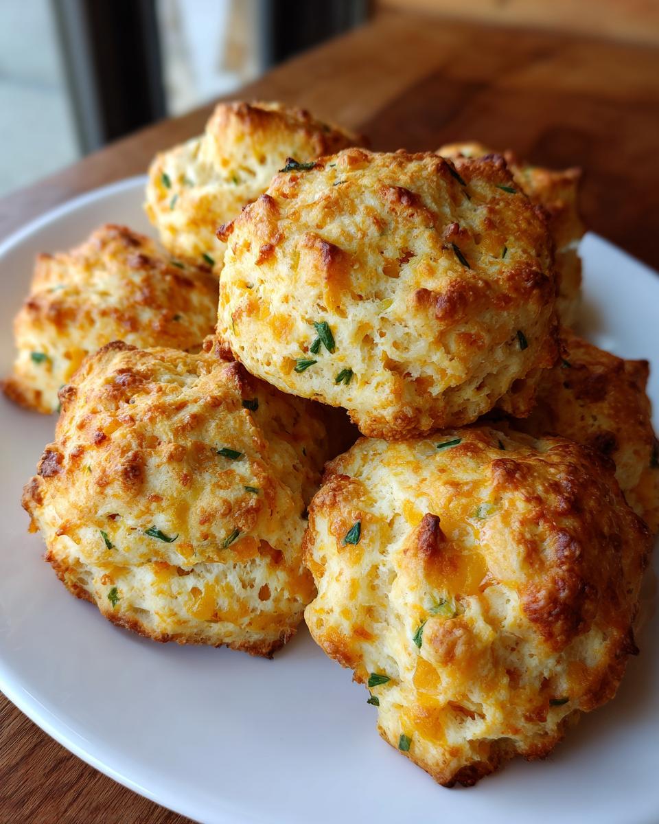 A pile of golden brown Cheddar and Chive Biscuits on a white plate, with visible cheese and herbs.