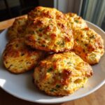 A close-up of golden brown Cheddar and Chive Biscuits piled on a white plate, with visible chives.