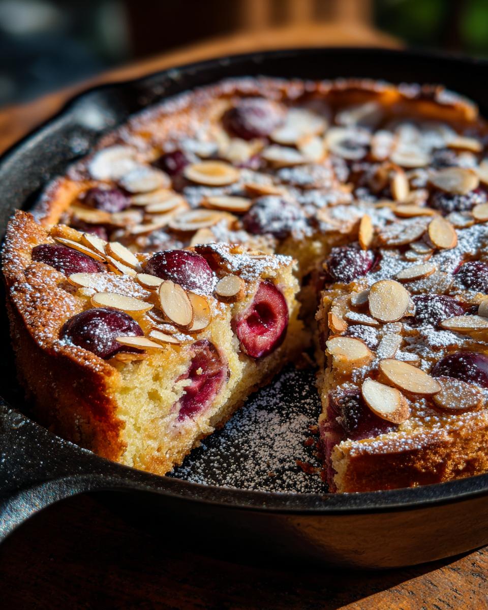 A slice of Cherry Almond Clafoutis baked in a cast iron skillet, dusted with powdered sugar and topped with sliced almonds.