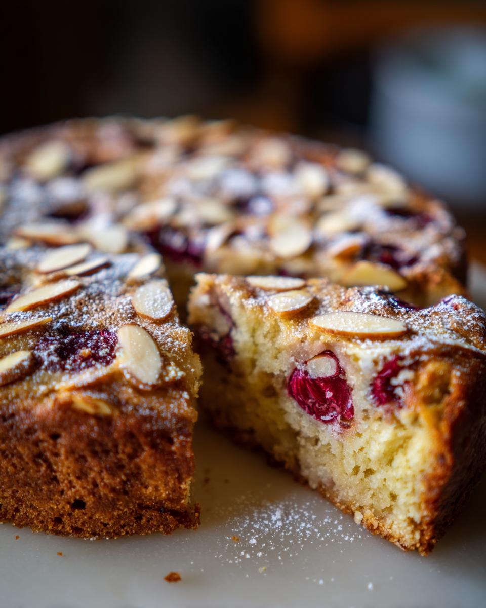 A slice of Cherry Almond Clafoutis, dusted with powdered sugar and topped with sliced almonds.