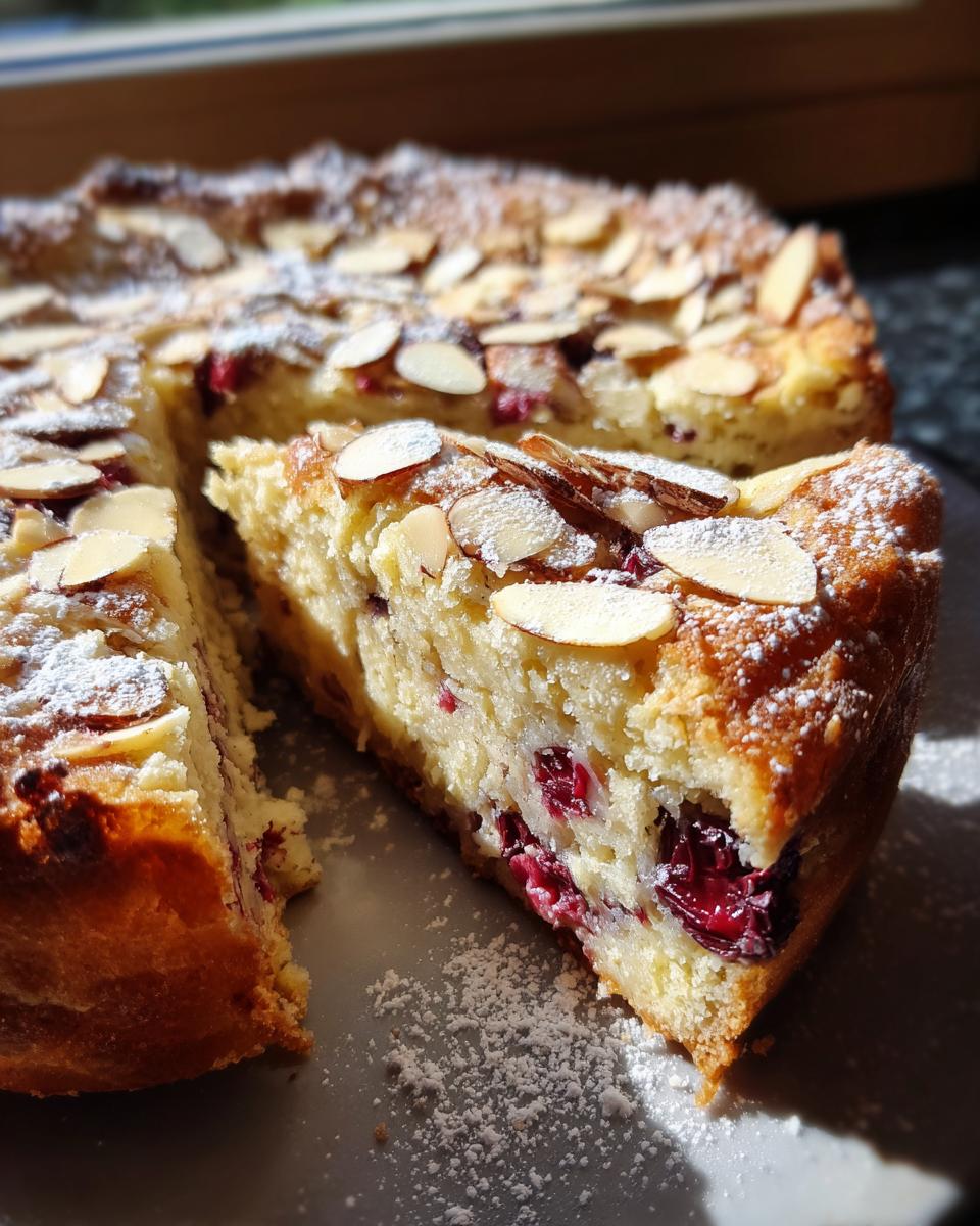 A slice of Cherry Almond Clafoutis, dusted with powdered sugar and topped with sliced almonds.