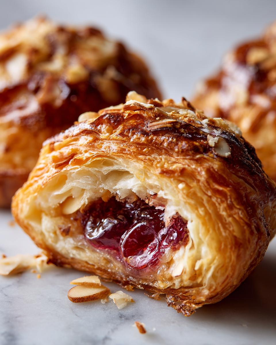 Close-up of a flaky Cherry Almond Danish, showing the glistening cherry filling and toasted almond slices.