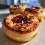 Close-up of a flaky Cherry Almond Danish with cherry filling and sliced almonds.