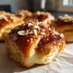 Close-up of a golden-brown Cherry Almond Danish pastry topped with glistening glaze and chopped almonds.