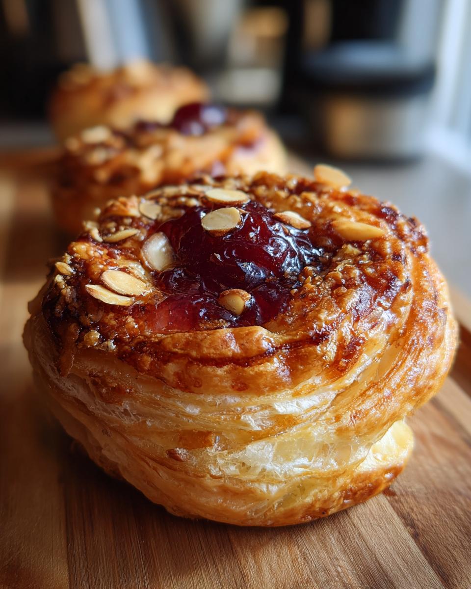 Close-up of a flaky Cherry Almond Danish pastry topped with cherry filling and sliced almonds.