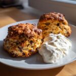 Two golden brown chocolate chip scones served with a dollop of clotted cream on a light grey plate.