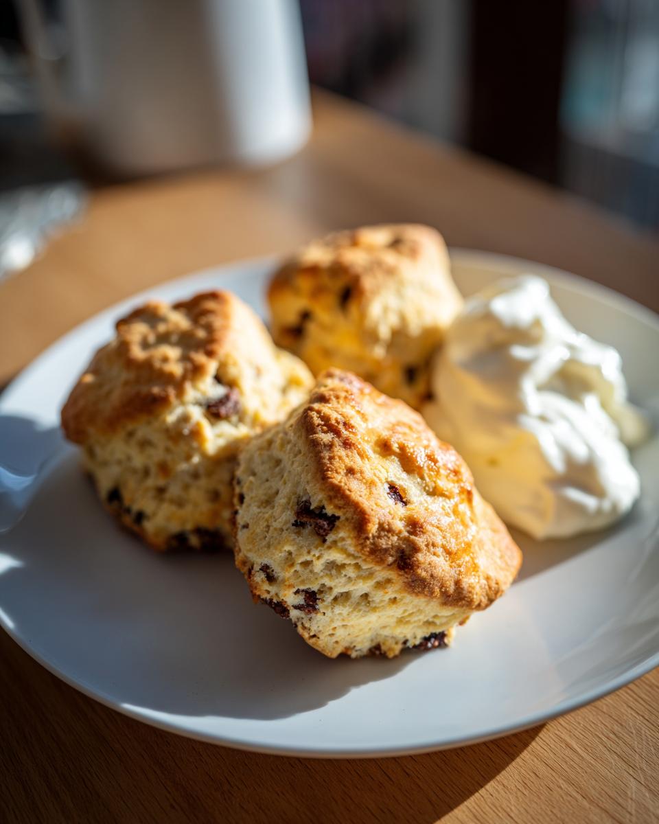 Three golden-brown Chocolate Chip Scones served with a dollop of clotted cream on a white plate.