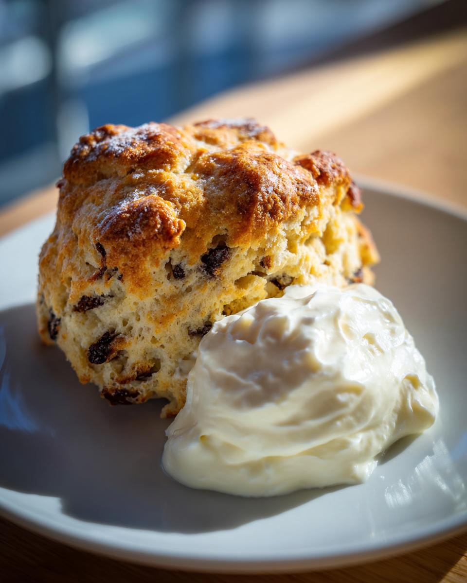 A golden-brown chocolate chip scone served with a dollop of clotted cream on a white plate.