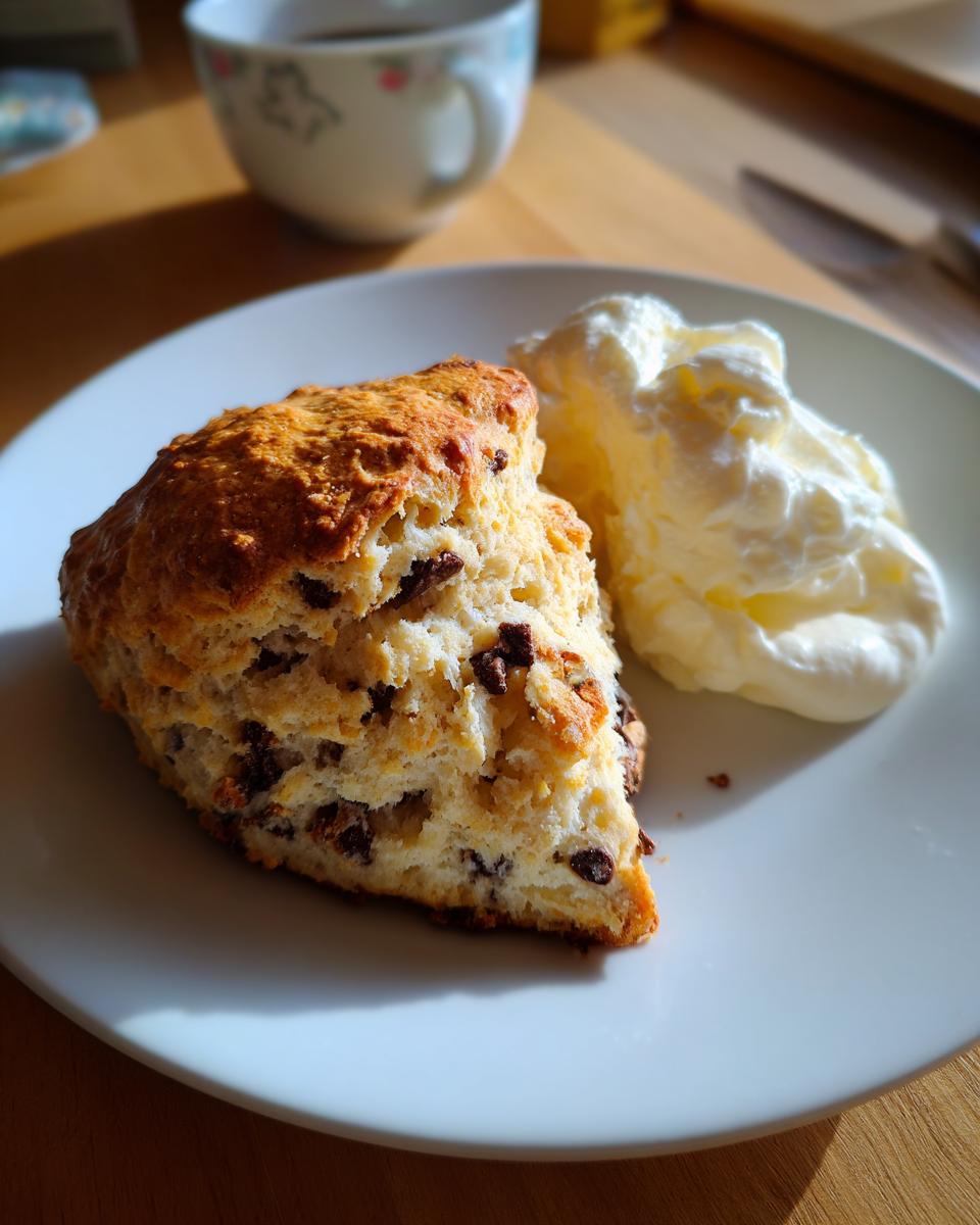 A close-up of a freshly baked chocolate chip scone served with a dollop of clotted cream on a white plate.
