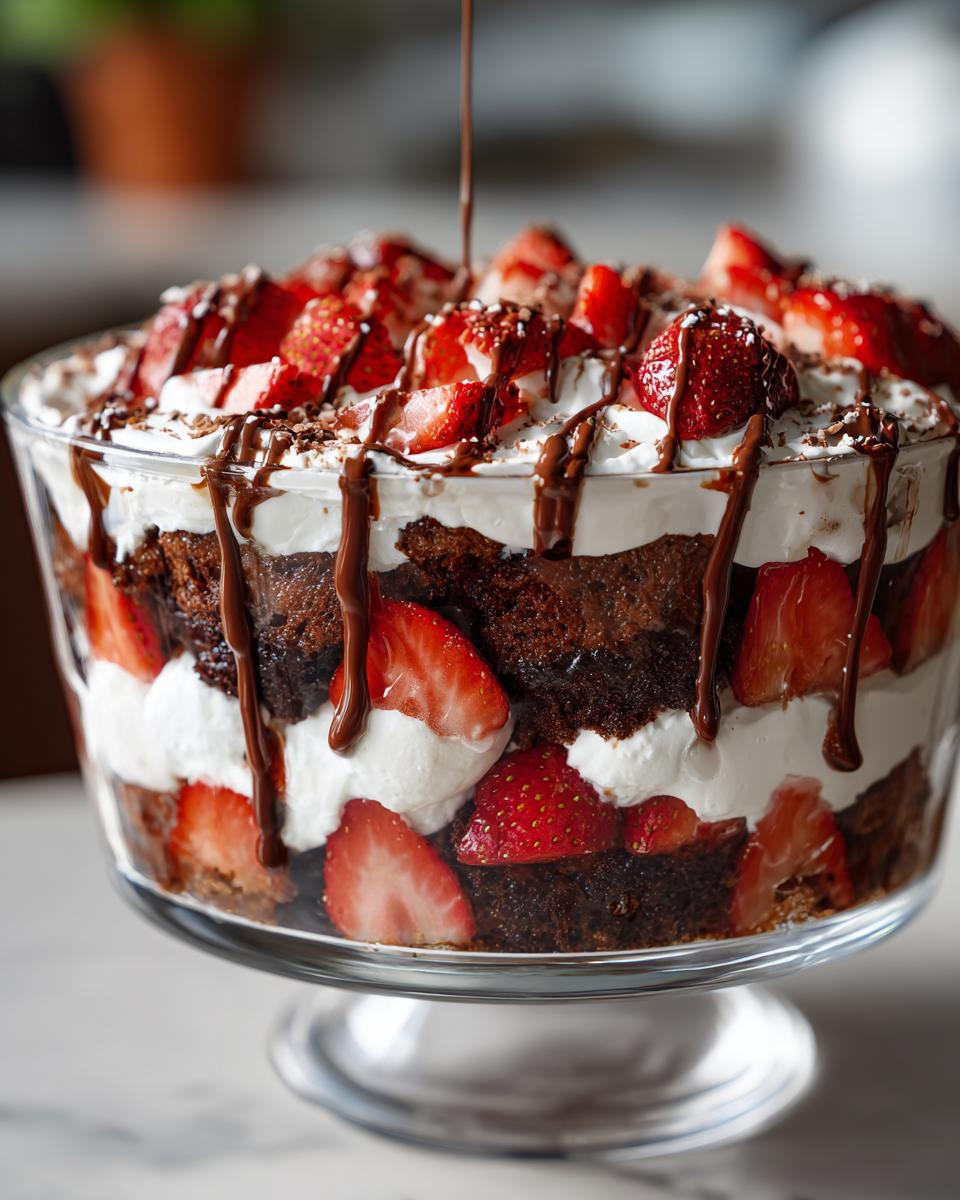 A beautiful Chocolate Covered Strawberry Trifle in a glass bowl, layered with chocolate cake, whipped cream, and fresh strawberries, drizzled with chocolate sauce.