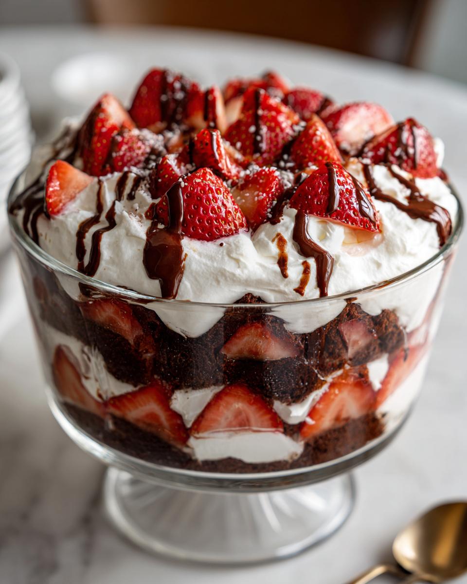 A decadent Chocolate Covered Strawberry Trifle layered with chocolate cake, whipped cream, and fresh strawberries, drizzled with chocolate sauce.
