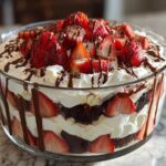 A decadent Chocolate Covered Strawberry Trifle layered with chocolate cake, whipped cream, and fresh strawberries, drizzled with chocolate sauce.
