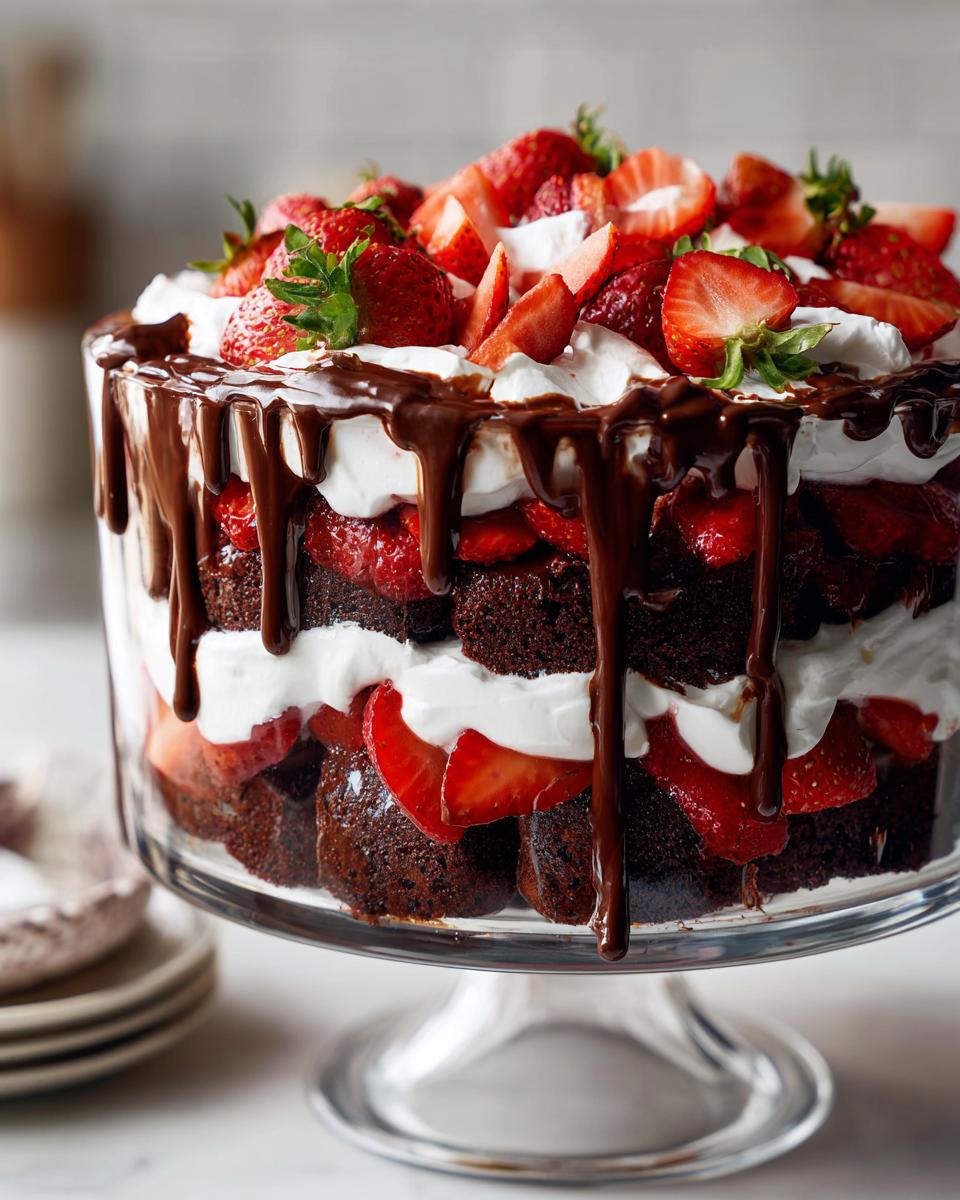 Close-up of a decadent Chocolate Covered Strawberry Trifle, showcasing layers of chocolate cake, whipped cream, and fresh strawberries, drizzled with chocolate sauce.
