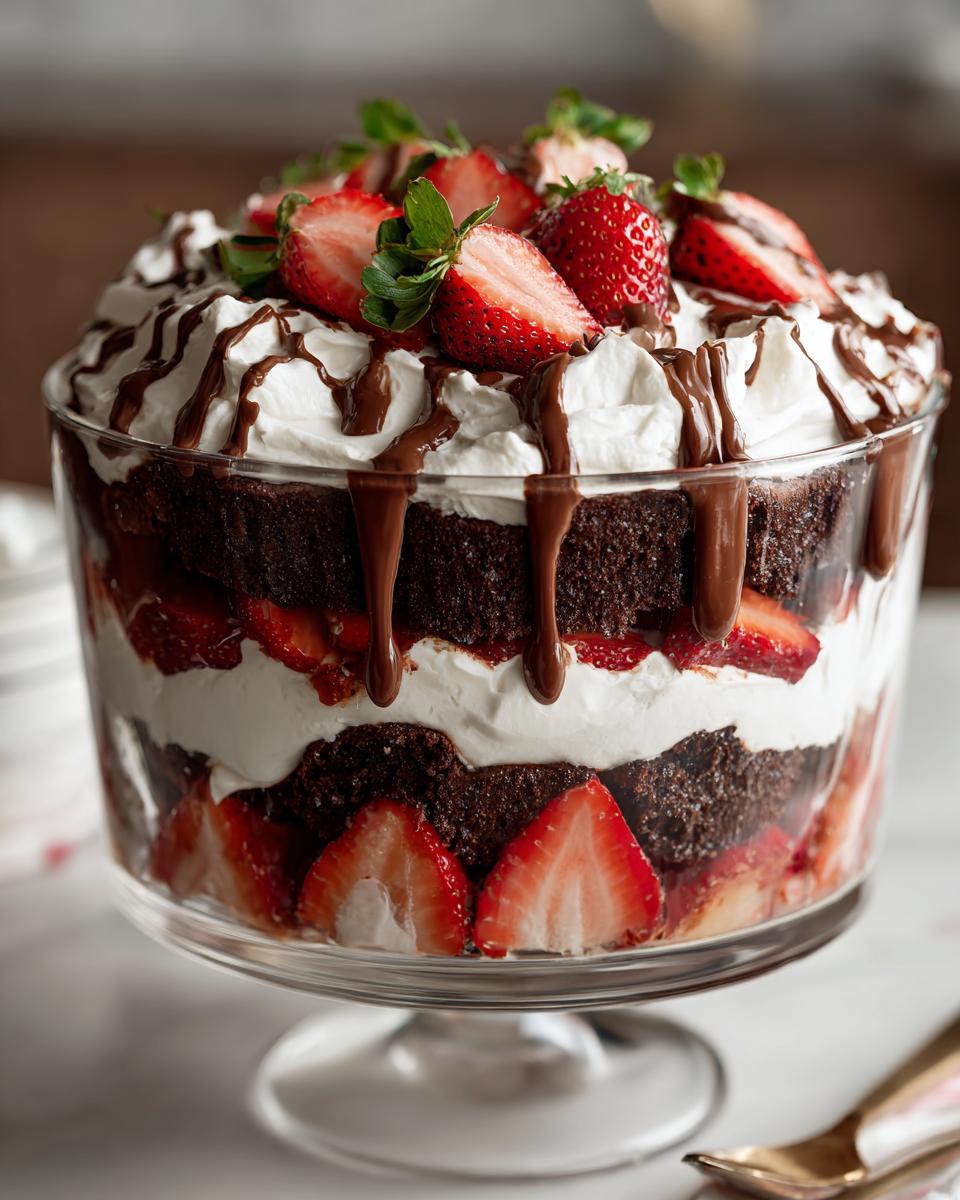 A close-up of a Chocolate Covered Strawberry Trifle, showing layers of chocolate cake, whipped cream, and fresh strawberries.