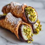 Close up of delicious Chocolate Dipped Cannoli with Pistachios, dusted with powdered sugar.