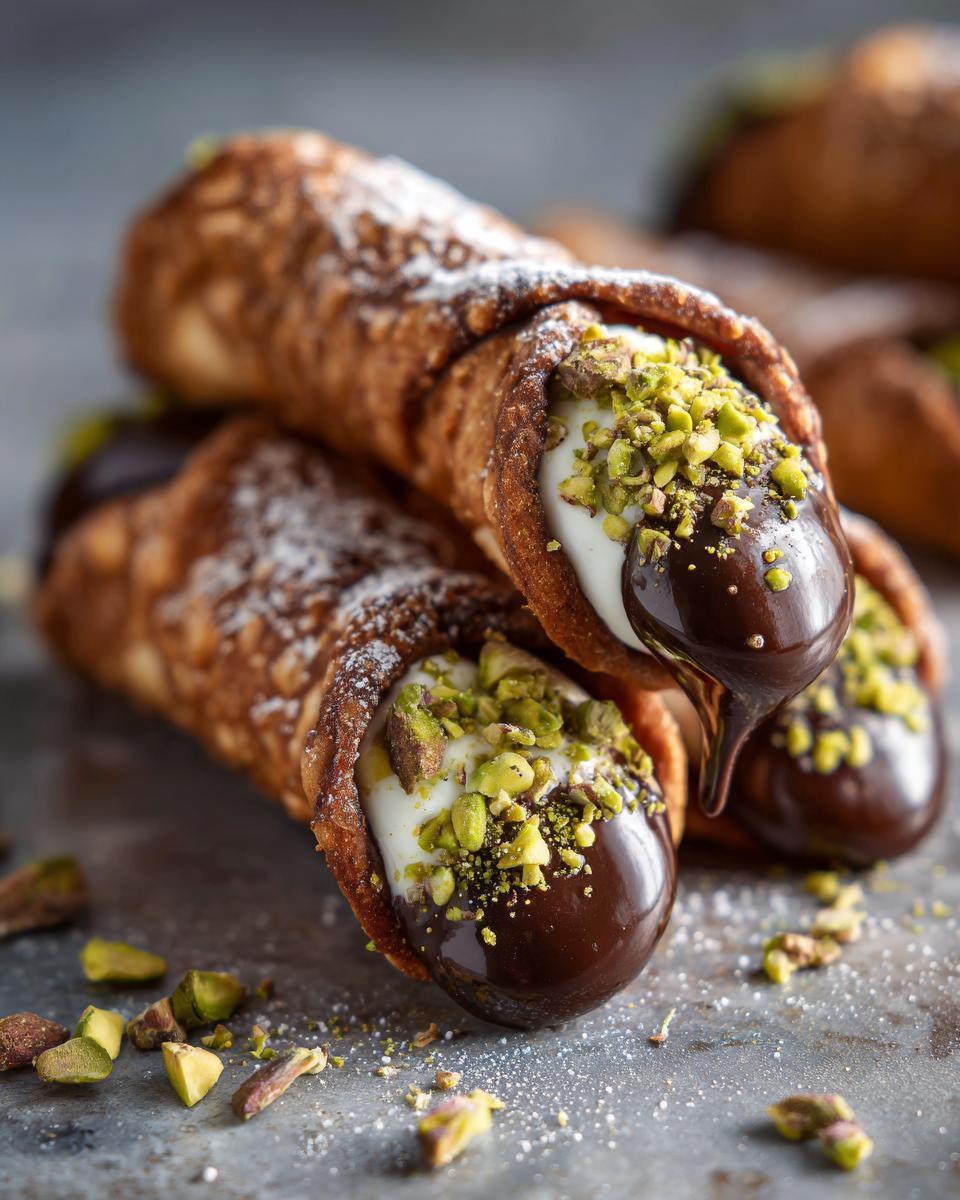 Close-up of delicious Chocolate Dipped Cannoli with Pistachios, dusted with powdered sugar.