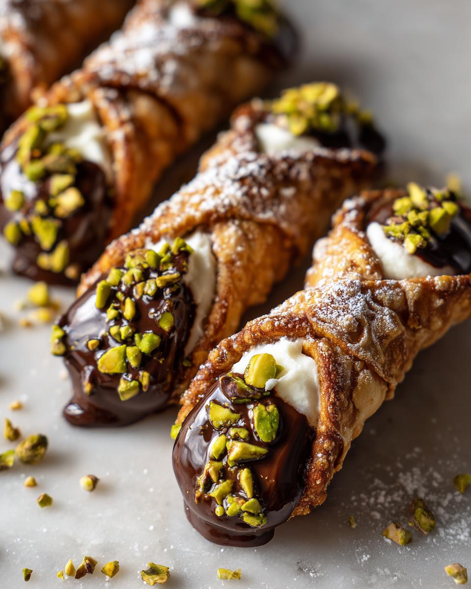 Close-up of delicious chocolate dipped cannoli with pistachios and powdered sugar.