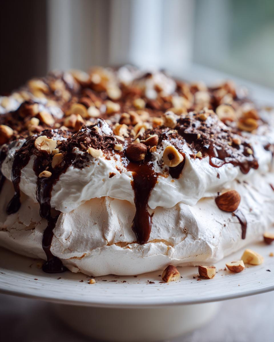 A close-up of a decadent Chocolate Hazelnut Pavlova topped with whipped cream, chocolate sauce, and chopped hazelnuts.