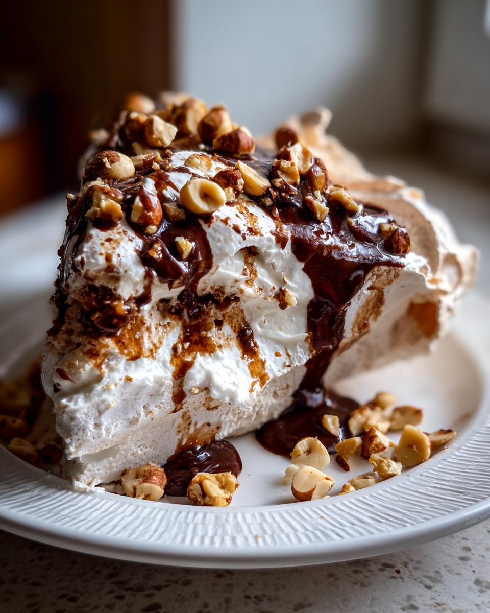 A generous slice of Chocolate Hazelnut Pavlova topped with whipped cream, chocolate sauce, and chopped hazelnuts.