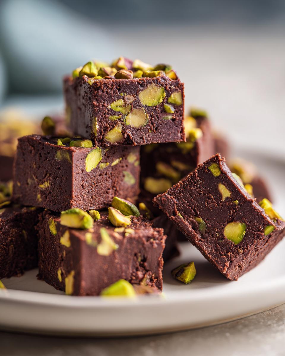 Close-up of decadent Chocolate Pistachio Fudge squares, generously studded with vibrant green pistachios.