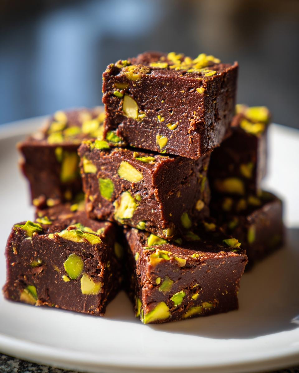 A stack of rich Chocolate Pistachio Fudge squares, showcasing the dark chocolate and vibrant green pistachios.
