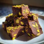 A close-up stack of rich Chocolate Pistachio Fudge pieces, showcasing the dark chocolate and vibrant green pistachios.
