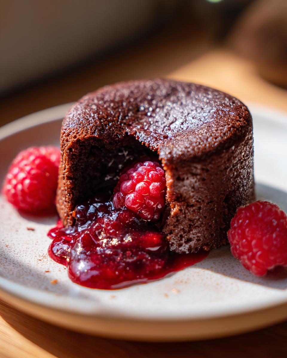 A rich Chocolate Raspberry Lava Cake with molten raspberry filling oozing out, garnished with fresh raspberries.