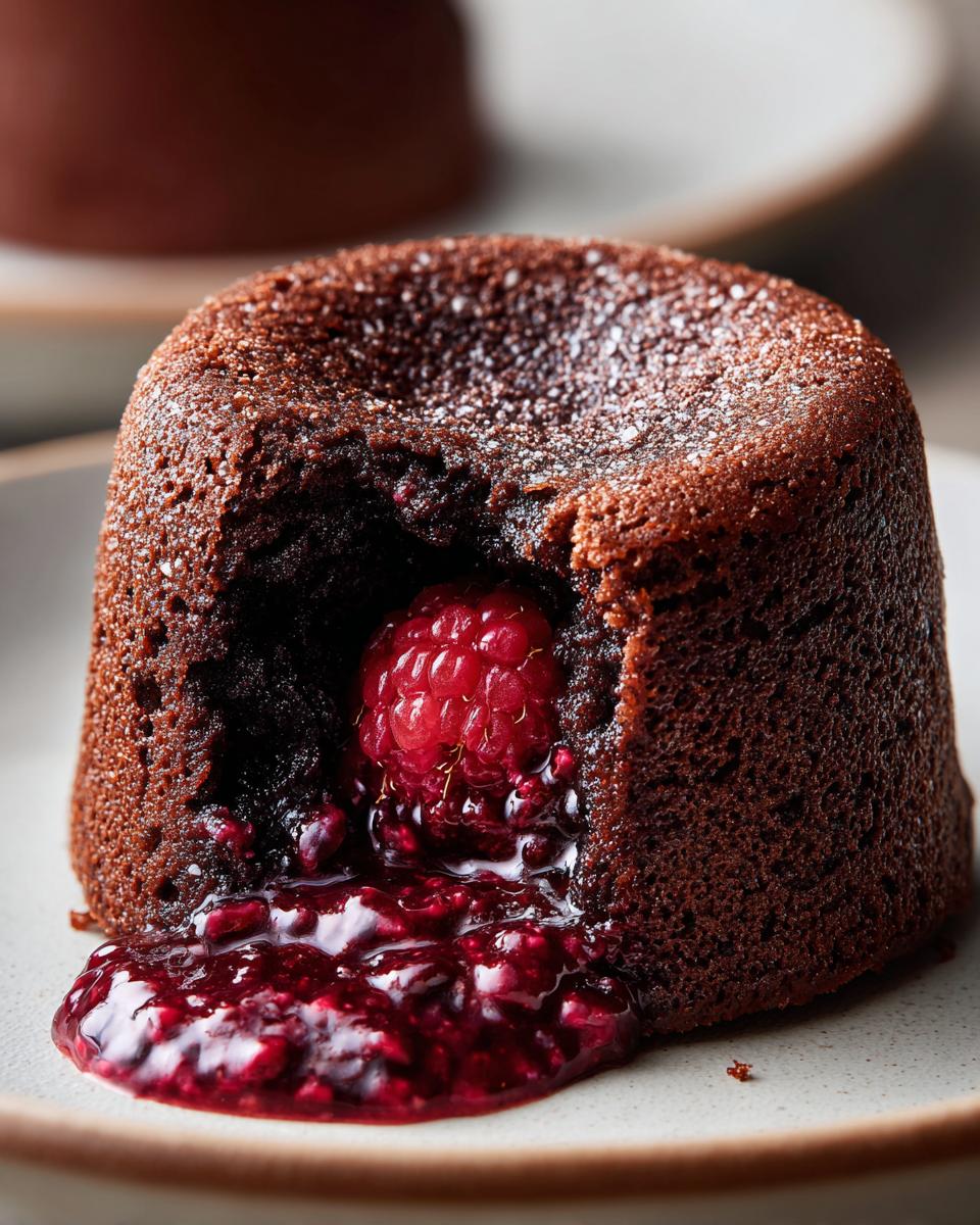Close-up of a rich Chocolate Raspberry Lava Cake with a molten raspberry center oozing out.